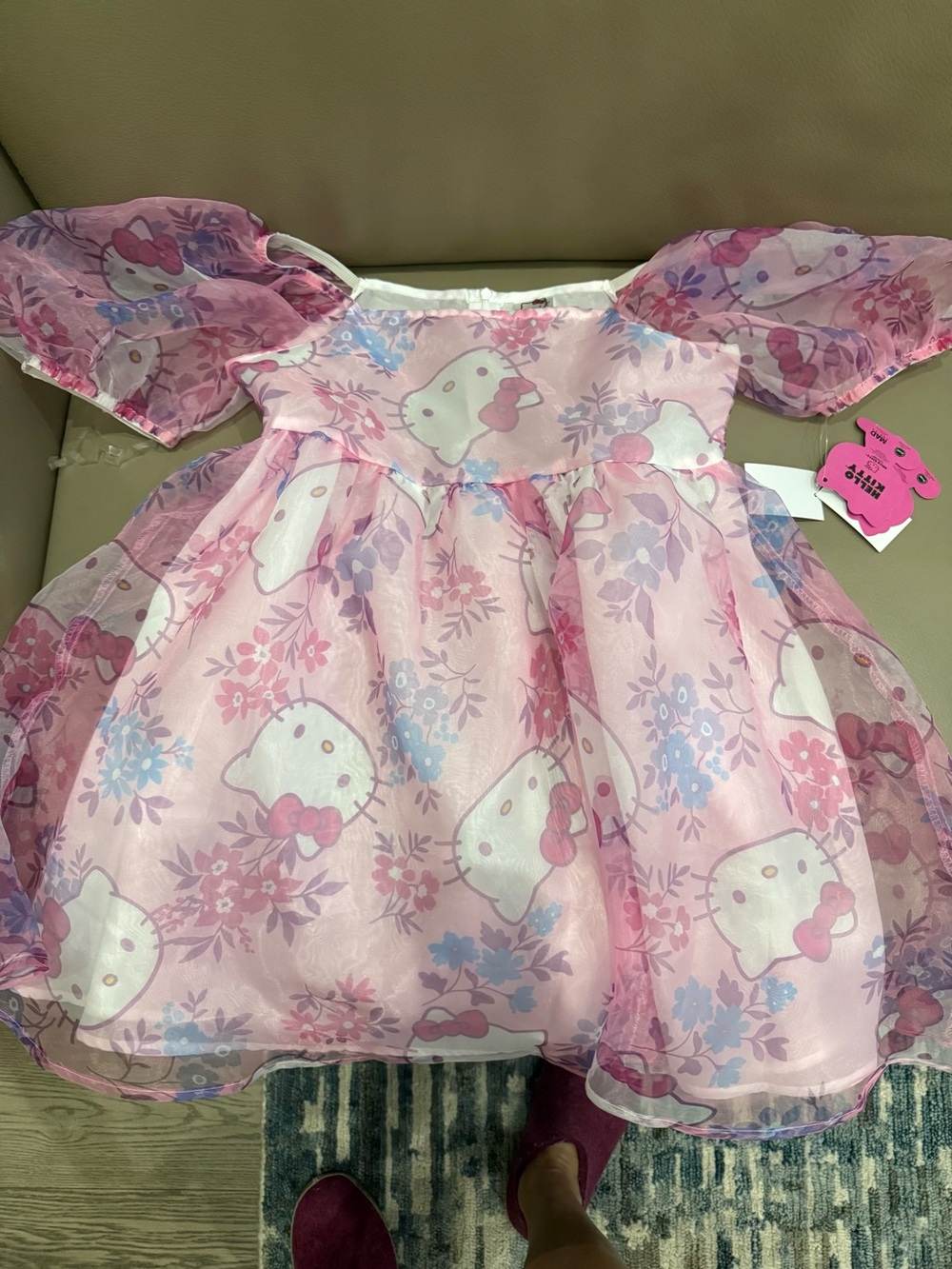 Sanrio Hello Kitty Pink Floral Party Dress with Puff Sleeves